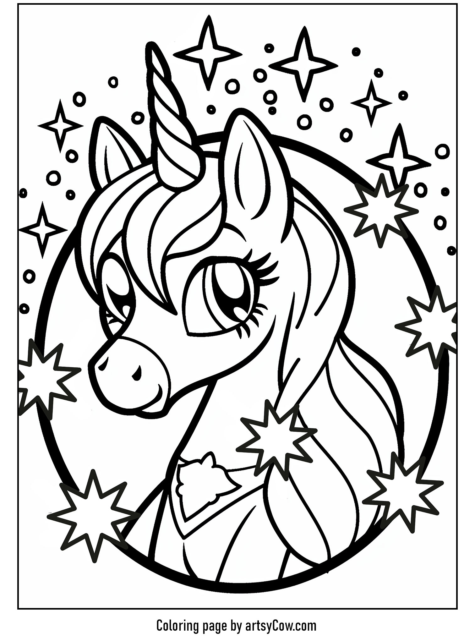 a unicorn encircled by stars with a magical backdrop